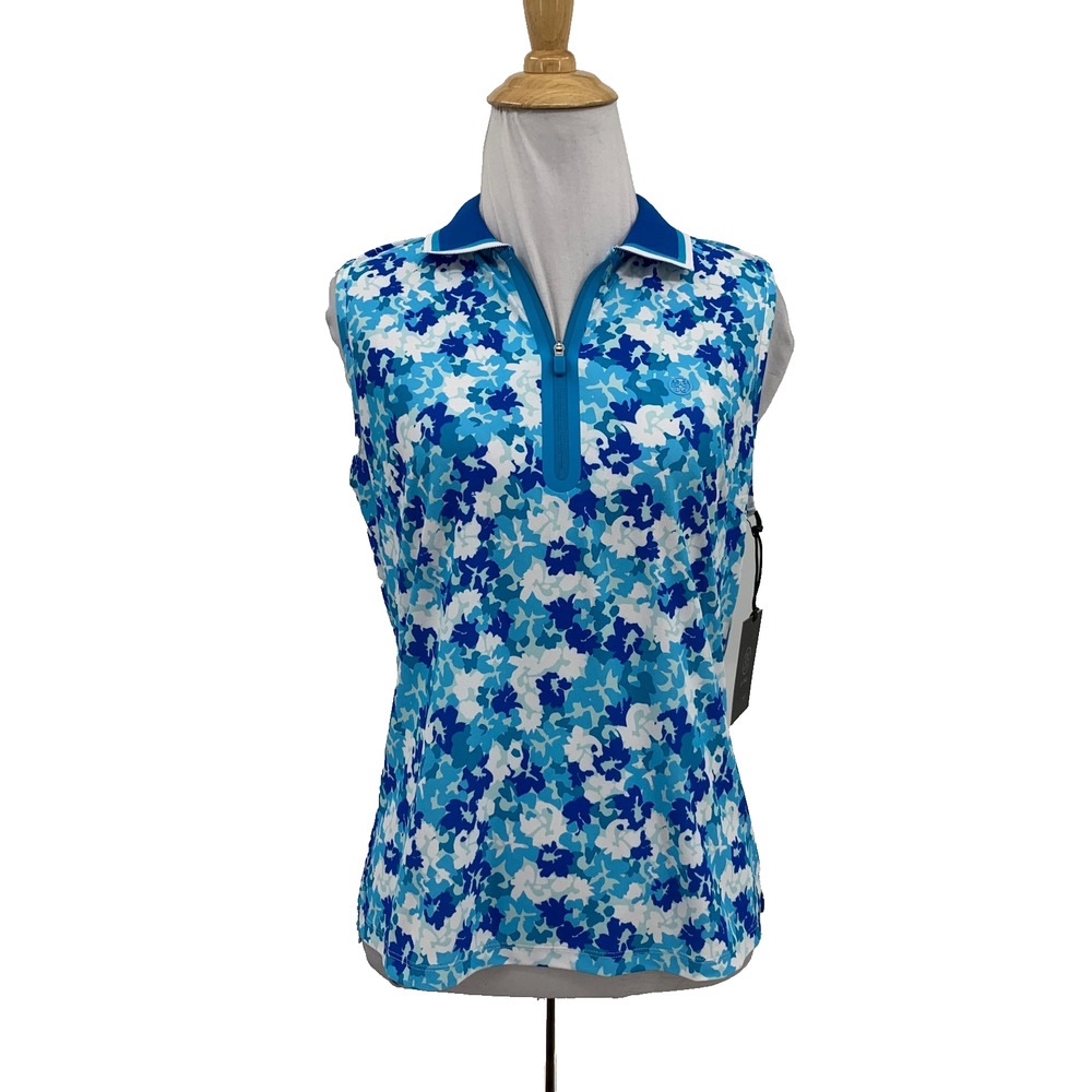 G/Fore Polo Top Womens S Small Multi Camo Floral Tech Pique Sleeveless 1/4 Zip